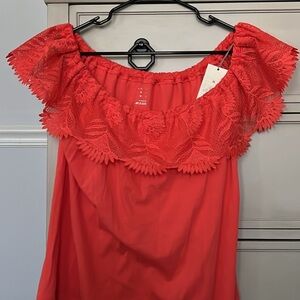 Off-the-Shoulder Orange Lace Trim Women’s Top